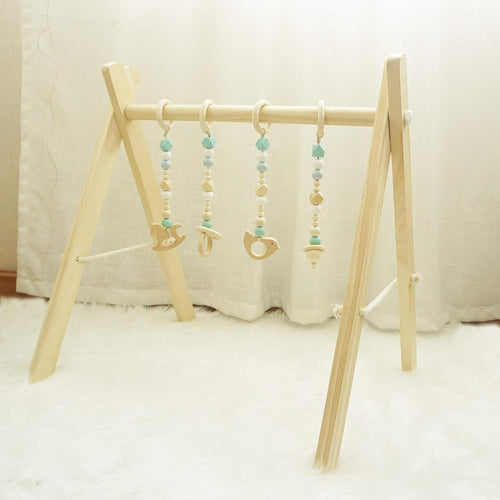Baby Play Gym, Wooden Baby Gym with 4 Infant Toys, Foldable Wood Gyms Frame Hanging Bar for Toddler, Newborn, Baby Girls and Boys Shower Gift Play Toys