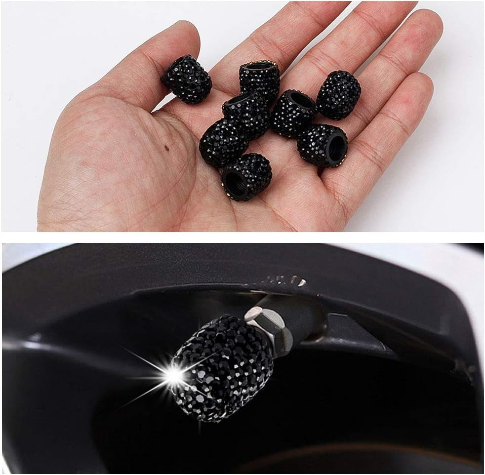 8 Pack Bling Valve Stem Caps, Sparkling Handmade Crystal Rhinestone Car Tire Valve Caps Bling Car Stem Covers Xmas Decor Chrome Attractive Dustproof (Black)