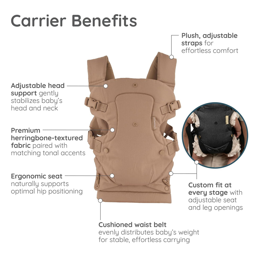Flip Luxe 4-In-1 Convertible Baby Carrier, Ergonomic Infant to Toddler Carrier, Updated Lumbar Support, Premium Herringbone Fabric, Elevated Accents, Hands-Free Comfort, 7–35 Lbs, Affogato