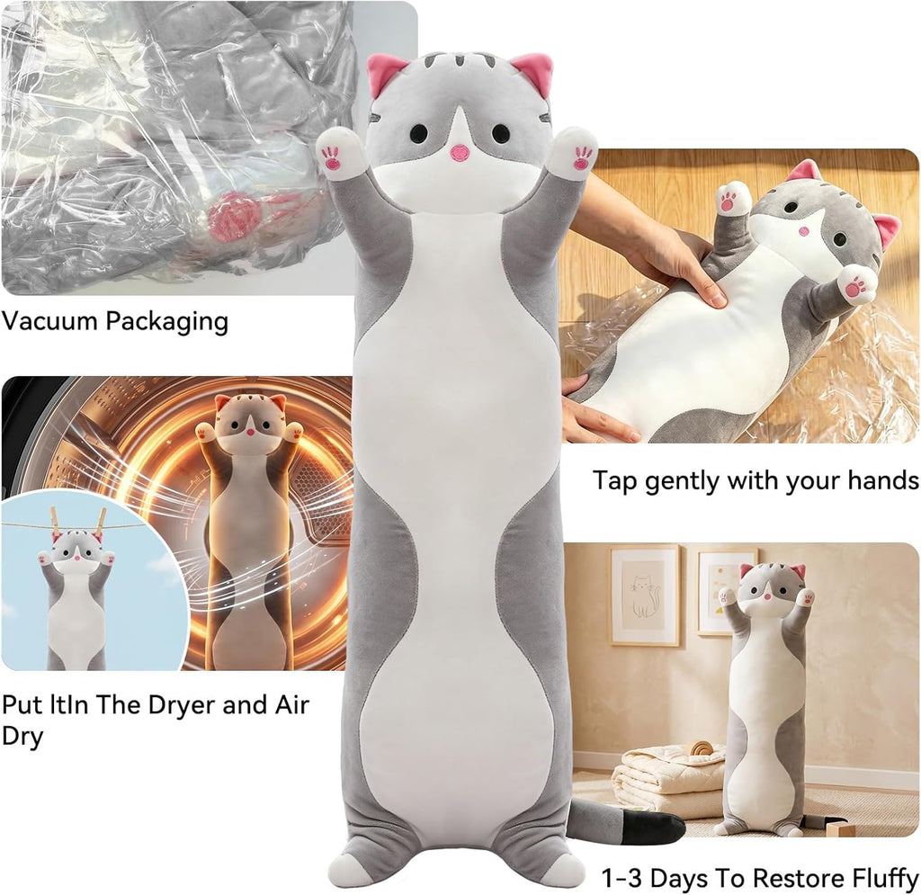 Cute Cat Plush Long Body Pillow – Soft Cartoon Stuffed Animal Doll, Kawaii Cat Plushie Toy Pillow Gifts for Kids, Girls & Girlfriend (Gray, 19.7 Inch)