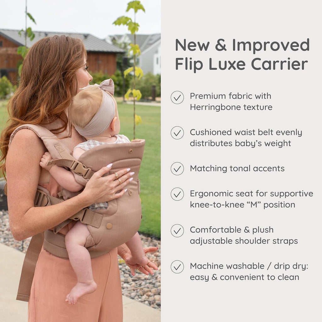 Flip Luxe 4-In-1 Convertible Baby Carrier, Ergonomic Infant to Toddler Carrier, Updated Lumbar Support, Premium Herringbone Fabric, Elevated Accents, Hands-Free Comfort, 7–35 Lbs, Affogato