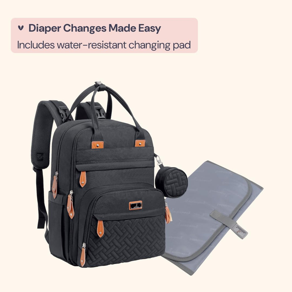 Diaper Bag Backpack - Baby Essentials Travel Tote - Multi Function Water Resistant Diaper Bag, Travel Essentials Baby Bag with Changing Pad, Stroller Straps & Pacifier Case - Unisex, Black