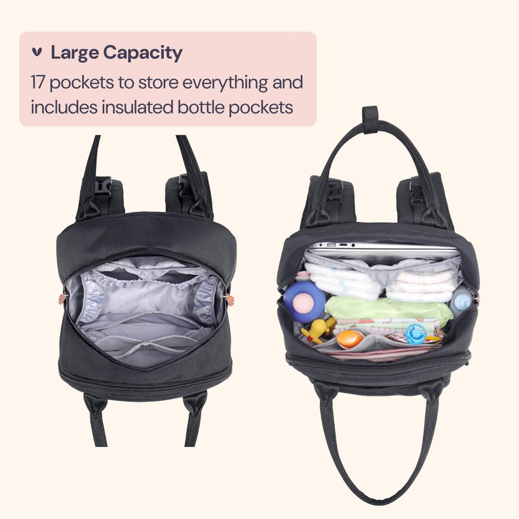 Diaper Bag Backpack - Baby Essentials Travel Tote - Multi Function Water Resistant Diaper Bag, Travel Essentials Baby Bag with Changing Pad, Stroller Straps & Pacifier Case - Unisex, Black