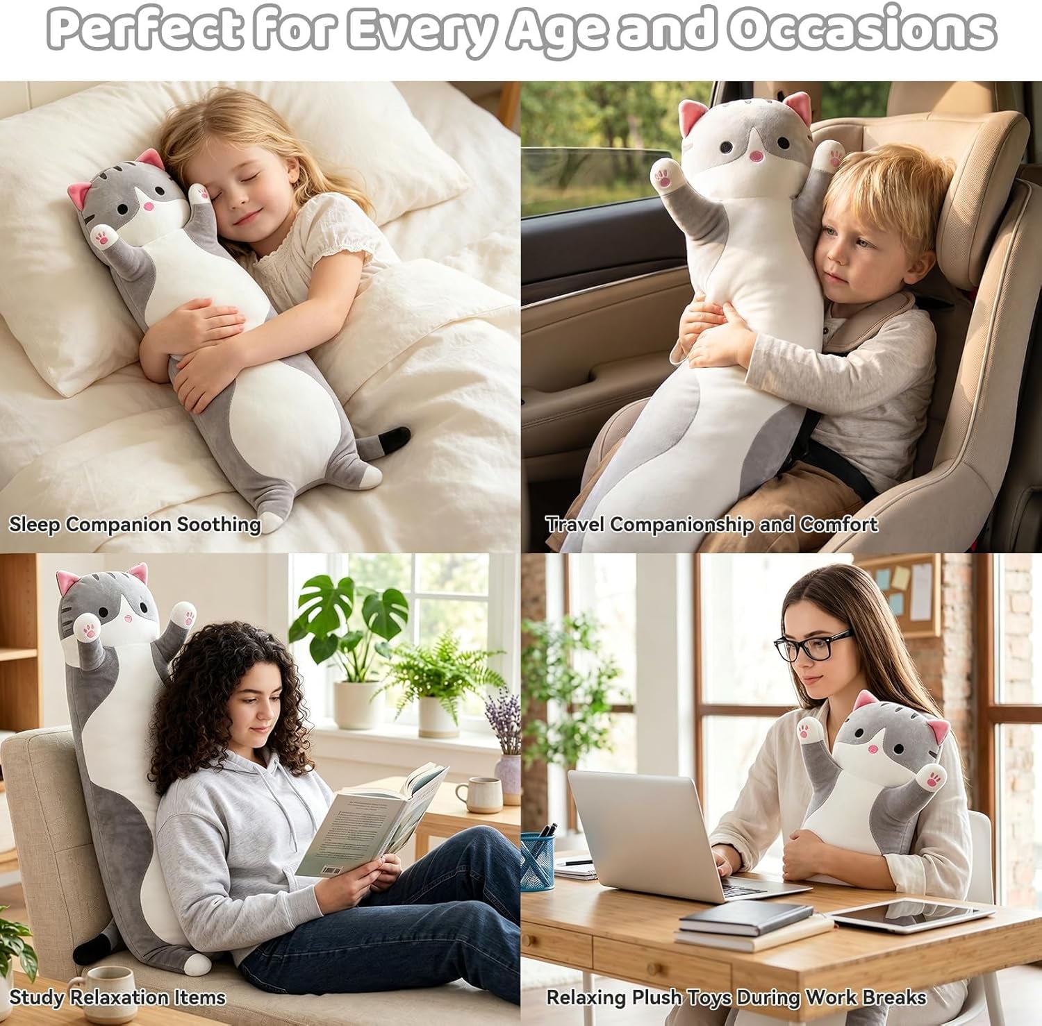 Cute Cat Plush Long Body Pillow – Soft Cartoon Stuffed Animal Doll, Kawaii Cat Plushie Toy Pillow Gifts for Kids, Girls & Girlfriend (Gray, 19.7 Inch)