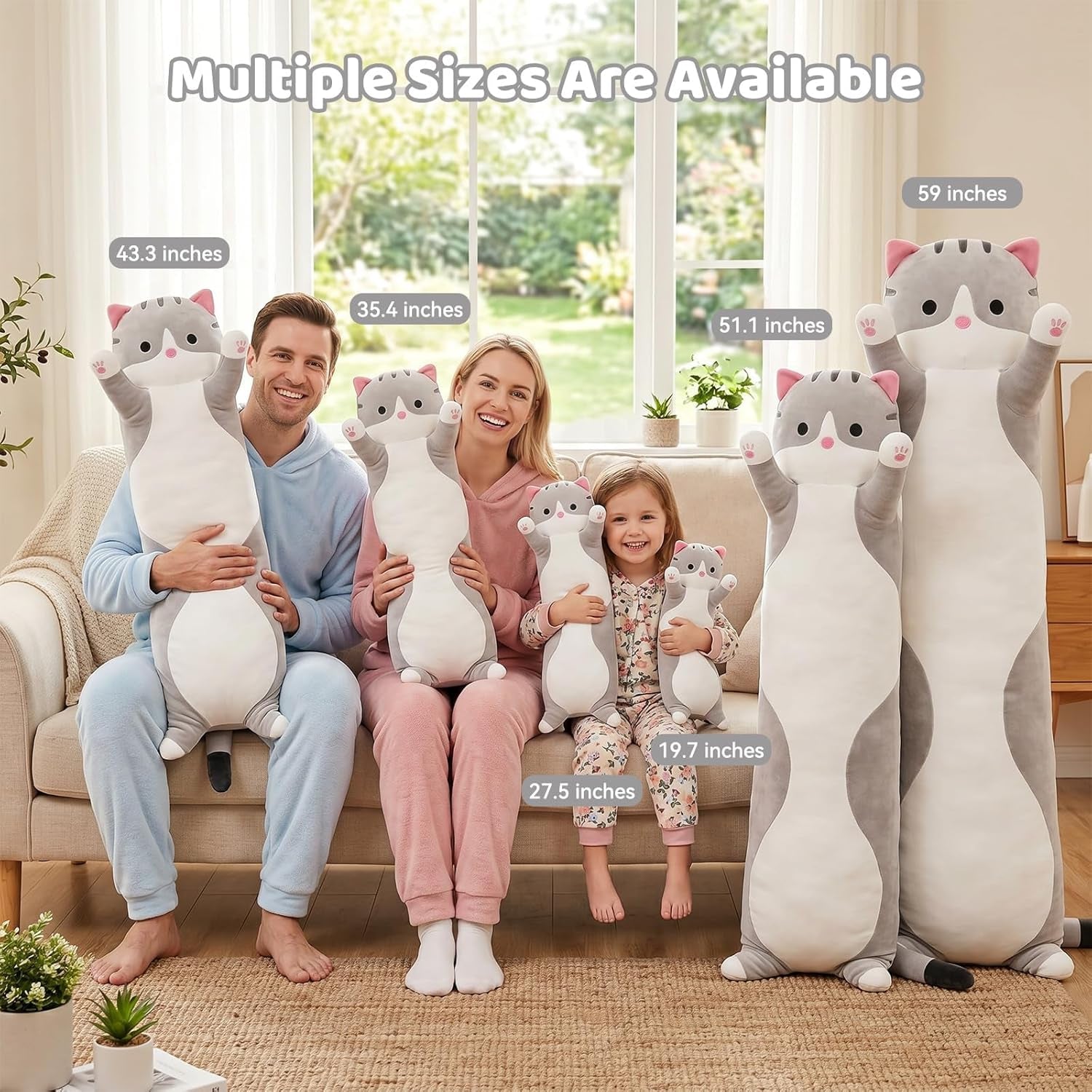Cute Cat Plush Long Body Pillow – Soft Cartoon Stuffed Animal Doll, Kawaii Cat Plushie Toy Pillow Gifts for Kids, Girls & Girlfriend (Gray, 19.7 Inch)