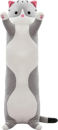 Cute Cat Plush Long Body Pillow – Soft Cartoon Stuffed Animal Doll, Kawaii Cat Plushie Toy Pillow Gifts for Kids, Girls & Girlfriend (Gray, 19.7 Inch)