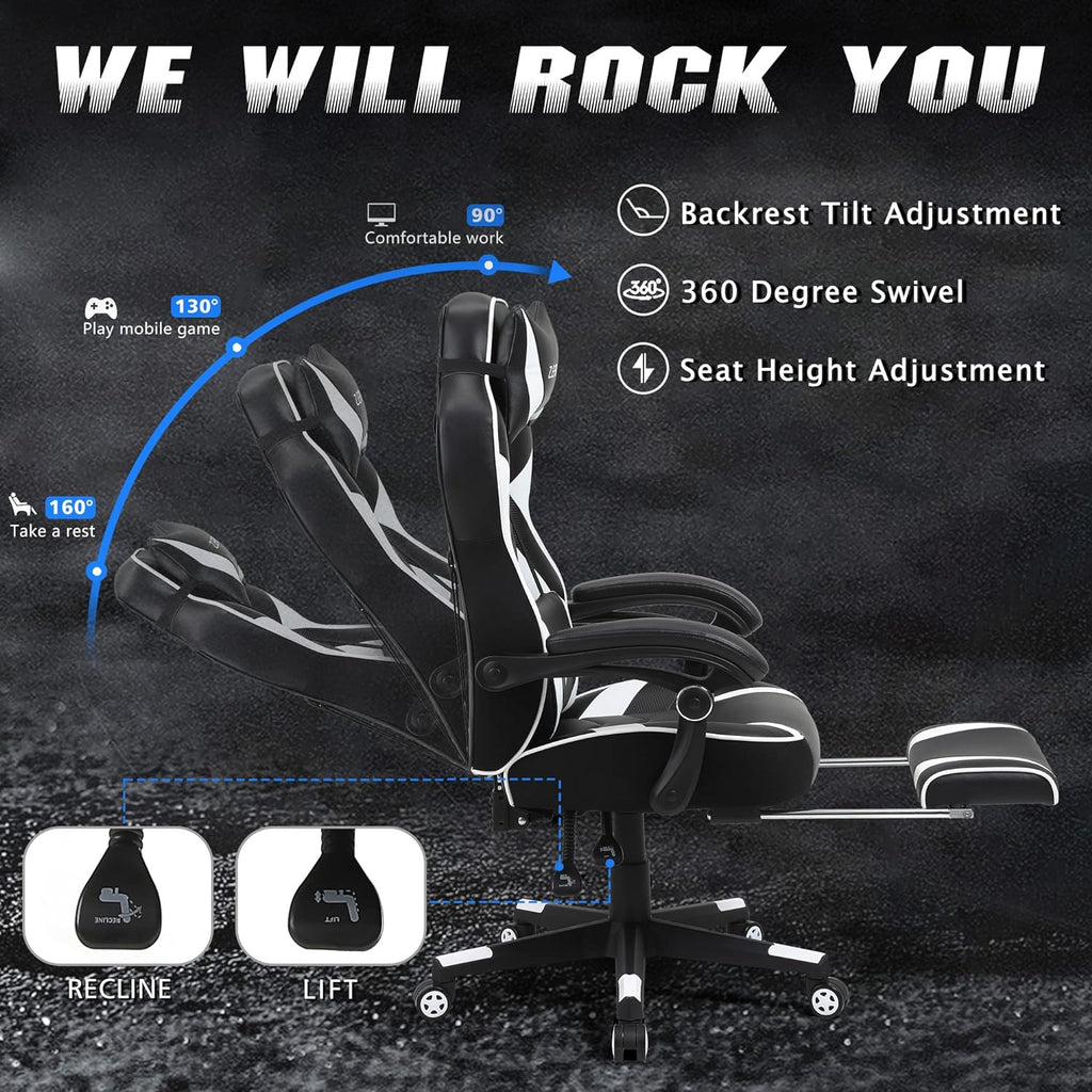 Ergonomic Gaming Chair with Footrest Recliner and Massage - High Back Office Gamer Chair for Adults - Big and Tall - White/Black