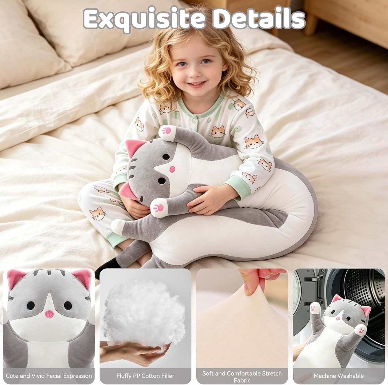 Cute Cat Plush Long Body Pillow – Soft Cartoon Stuffed Animal Doll, Kawaii Cat Plushie Toy Pillow Gifts for Kids, Girls & Girlfriend (Gray, 19.7 Inch)