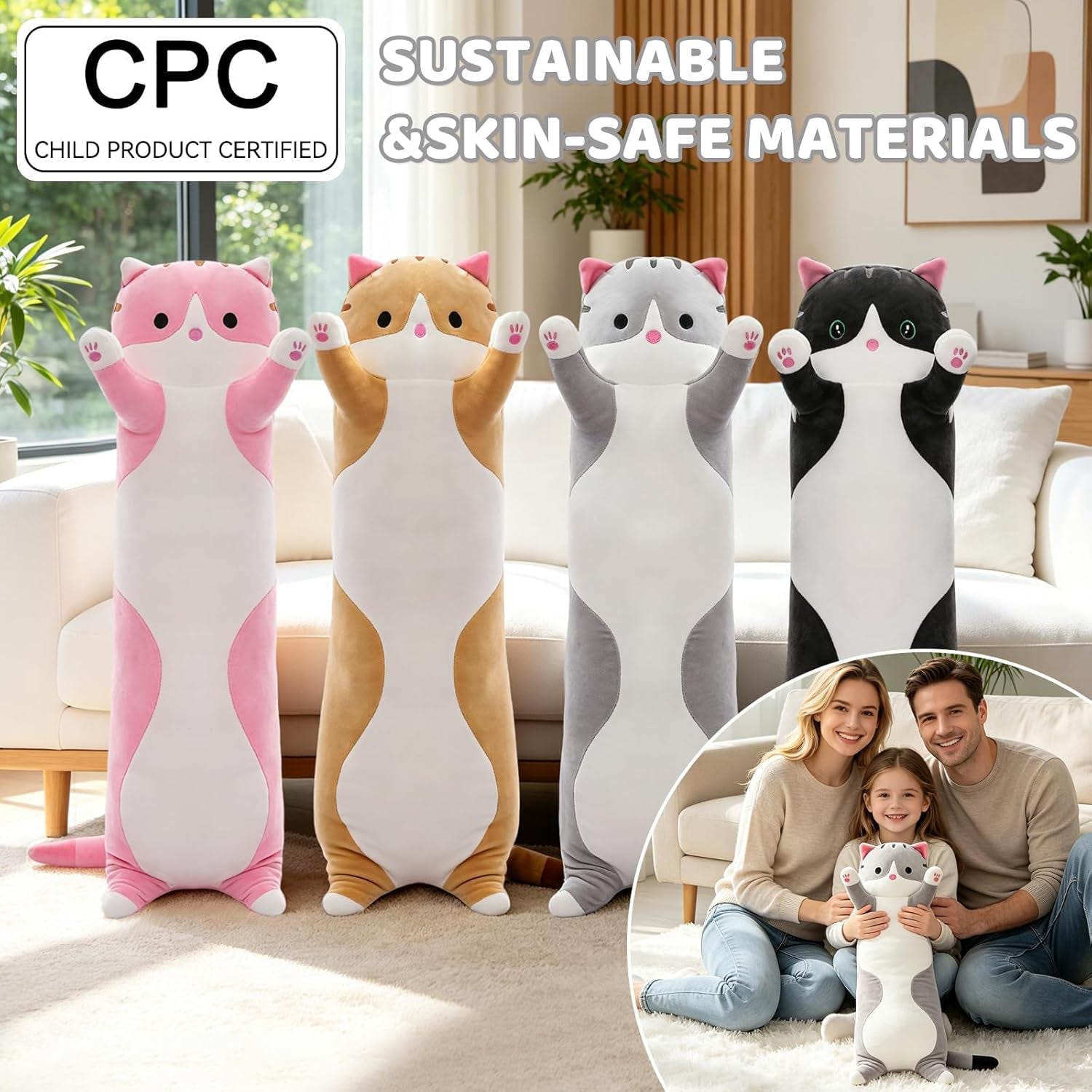 Cute Cat Plush Long Body Pillow – Soft Cartoon Stuffed Animal Doll, Kawaii Cat Plushie Toy Pillow Gifts for Kids, Girls & Girlfriend (Gray, 19.7 Inch)